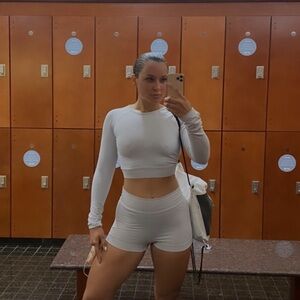 Women's White Long Sleeve Crop Top and Shorts Set
